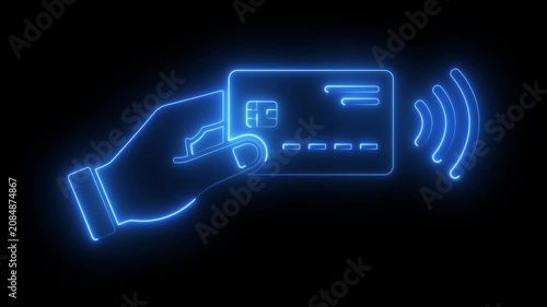 glowing neon Hand holding a contactless credit card icon for fast digital payment systems. representing for wireless signal waves, secure transaction, business and finance concepts. 4k video animation