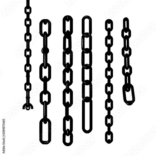Four distinct chain designs are arranged vertically in a single row, each with unique link shapes and styles. The chains are set against a plain white background, rendered in a bold, black vector i...