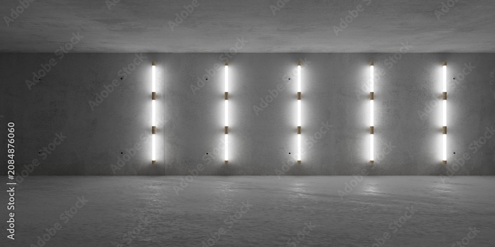 Obraz premium Modern concrete brutalism empty room or backdrop with row of vetical fluorescent tubes and rough floor - industrial interior background template