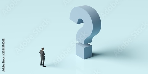 Business man standing in front of a blue question mark, solution or strategy business concept on blue background