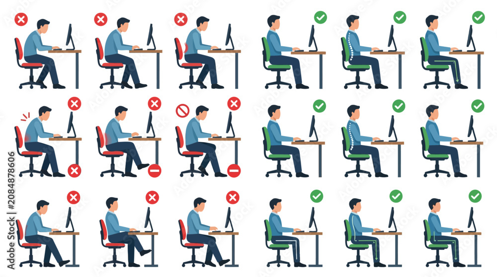 Fototapeta premium Comparison of correct and incorrect ergonomic sitting postures at desk