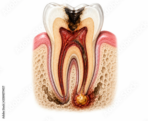 3D medical illustration of a tooth cross-section showing severe decay, pulp infection, and a periapical abscess, created with Generative AI Technology, ai, generative