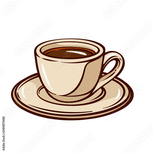 фотографія Espresso Cup on saucer with dark coffee surface, curved handle and beige ceramic tones