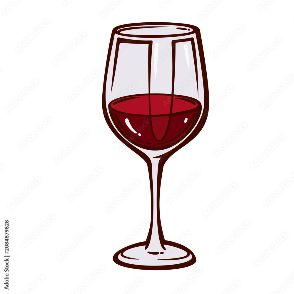Obraz premium Wine Glass with red wine, clear bowl, long stem and glossy highlights. Italian restaurant menu and bar branding with wine glass, cartoon vector illustration.