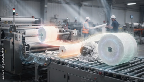 Medium shot of digital twin system monitoring wipes converting line emphasizing datadriven waste management and operational flow enhancements in an industrial setting.