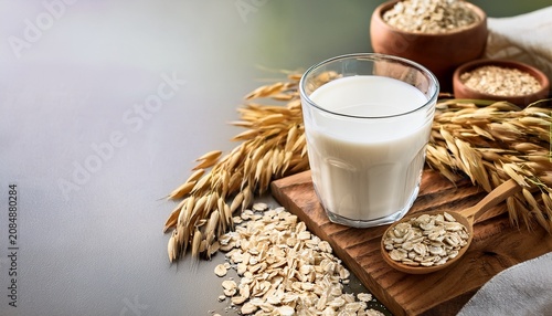 alternative oat milk background with glass of milk and place for text plant based eco organic healthy product concept