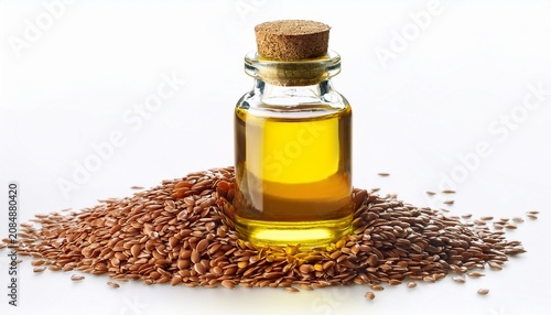 classic glass vial of flaxseed oil isolated on white background
