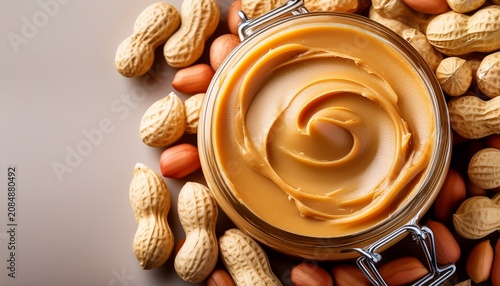 close up of tasty creamy peanut butter with peanut nuts food background with free place for text
