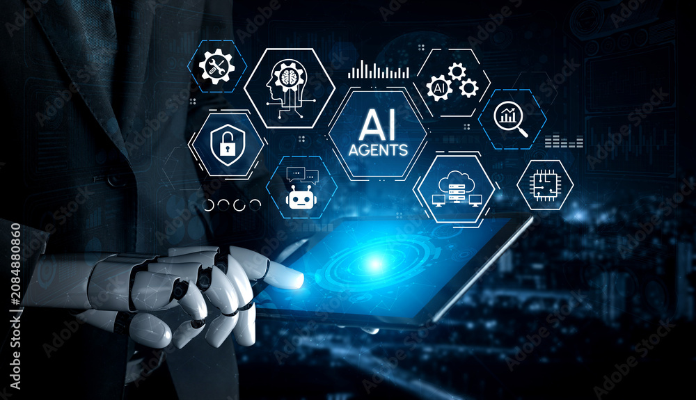 Obraz premium Futuristic Robotic Hand Holding Tablet with AI Agents Iconography and Digital Interface Overlay in Modern Cityscape Background. Entropy.