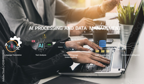 Fotografie Hands Typing on Laptop with Graphics of AI Processing, Data Management, Language Translation, and Document Intelligence for Business Applications Haptic