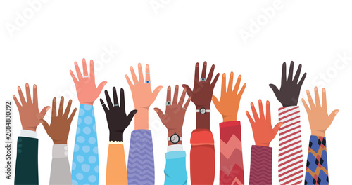 Tableau sur toile Diverse raised hands of different skin tones, community, cooperation, volunteeri