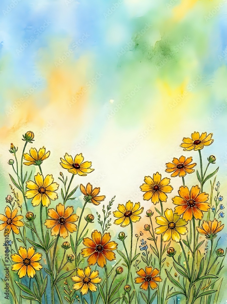 Fototapeta premium Watercolor wildflower meadow with yellow daisies and colorful sky background for spring greeting cards and botanical art projects.