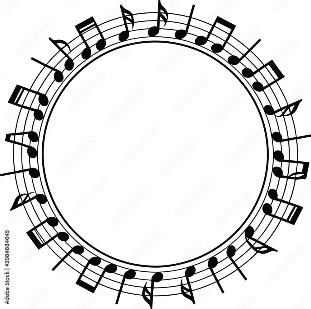 Naklejka premium Circular Music Notes Frame: A decorative circular frame composed of musical notes and staff lines, perfect for adding a musical touch to designs.