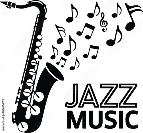 Фотография Black Saxophone with Jazz Music Notes: A graphic illustration of a saxophone with musical notes rising from it, embodying the spirit of jazz music