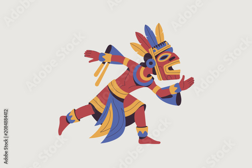 Tableau sur toile Aztec warrior character in traditional costume dancing or running in flat vector