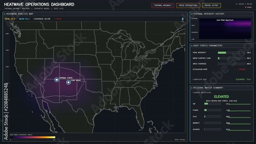 Climate heatwave operations dashboard animation tracking an extreme heat dome across the United States map	