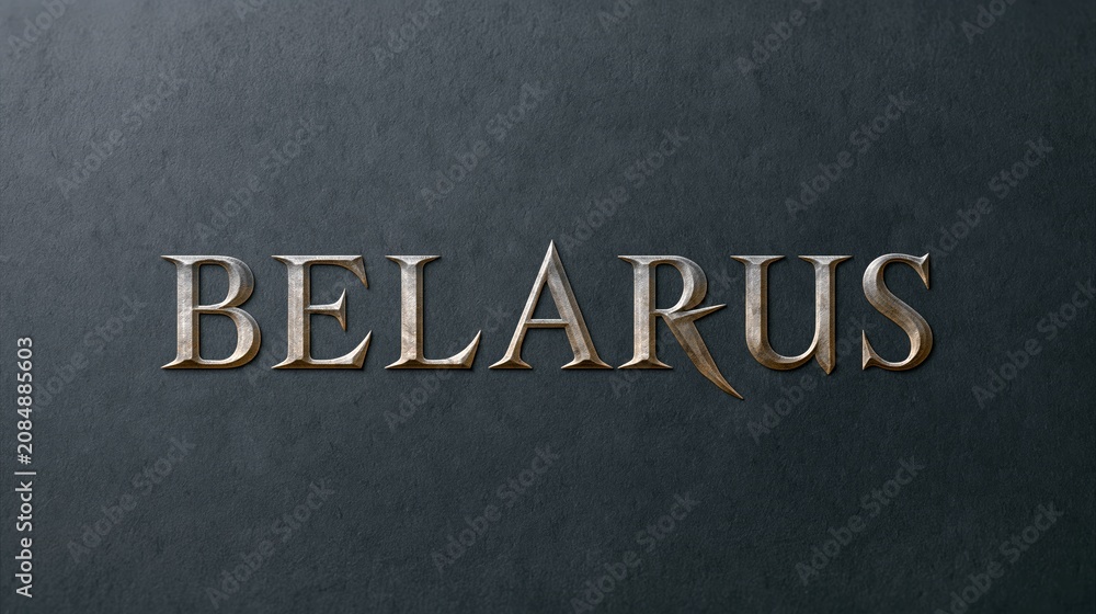 Fototapeta premium Belarus name engraved on a dark gray stone surface with silver and bronze text
