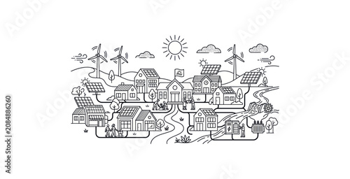 Sustainable Eco-Friendly Town Outline Vector Illustration