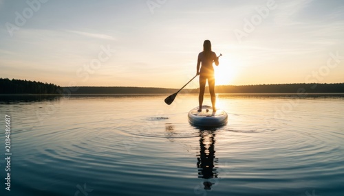 Woman paddleboarding on calm lake at sunset