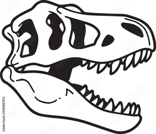 A cartoon-style T-Rex skull with exaggerated teeth and bold eye sockets, playful black and white vector illustration
