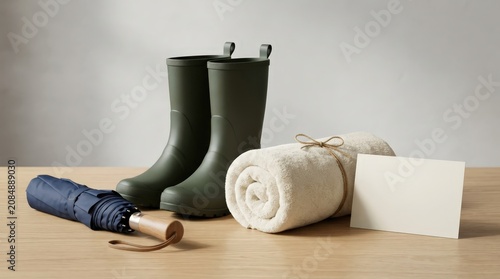 Rainy Day Essentials Green Boots Folded Umbrella Cozy Towel and Blank Card