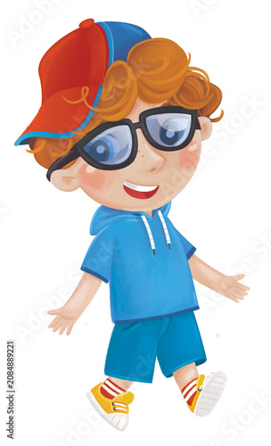 cartoon scene with young boy teenager playing having fun and smiling isolated illustration for children
