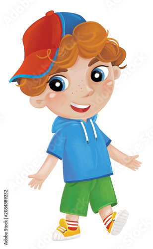 cartoon scene with young boy teenager playing having fun and smiling isolated illustration for children