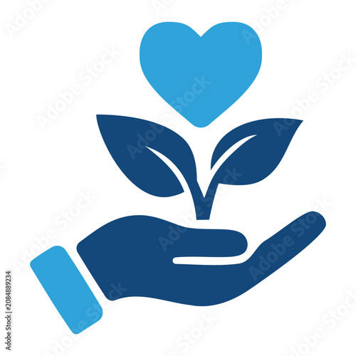 Volunteer perks employee benefit icon illustration depicting open hand holding growing sprout with heart.