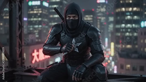 A stealthy ninja warrior in full black tactical armor and mask crouches on a rooftop at night, holding a shuriken, with a blurred cityscape of neon lights in the background, conveying danger and