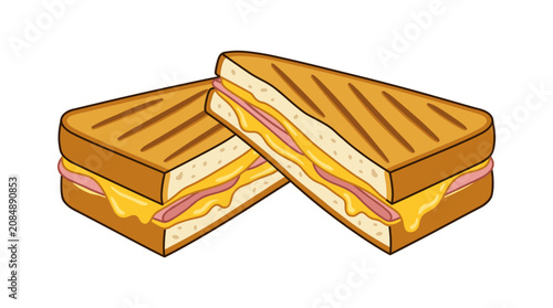 Obraz na plátně Grilled Cheese Sandwich Delights: Two golden-brown grilled cheese sandwiches, with melted cheese and savory ham oozing out, are perfectly toasted with diagonal grill marks