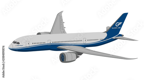 Fotografía Commercial Jetliner in Flight: A modern commercial jetliner with sleek aerodynamic design and distinctive blue livery soars through the sky, symbolizing global travel and connectivity