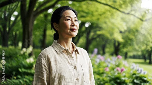 Asian woman relaxing with eyes closed in green park
