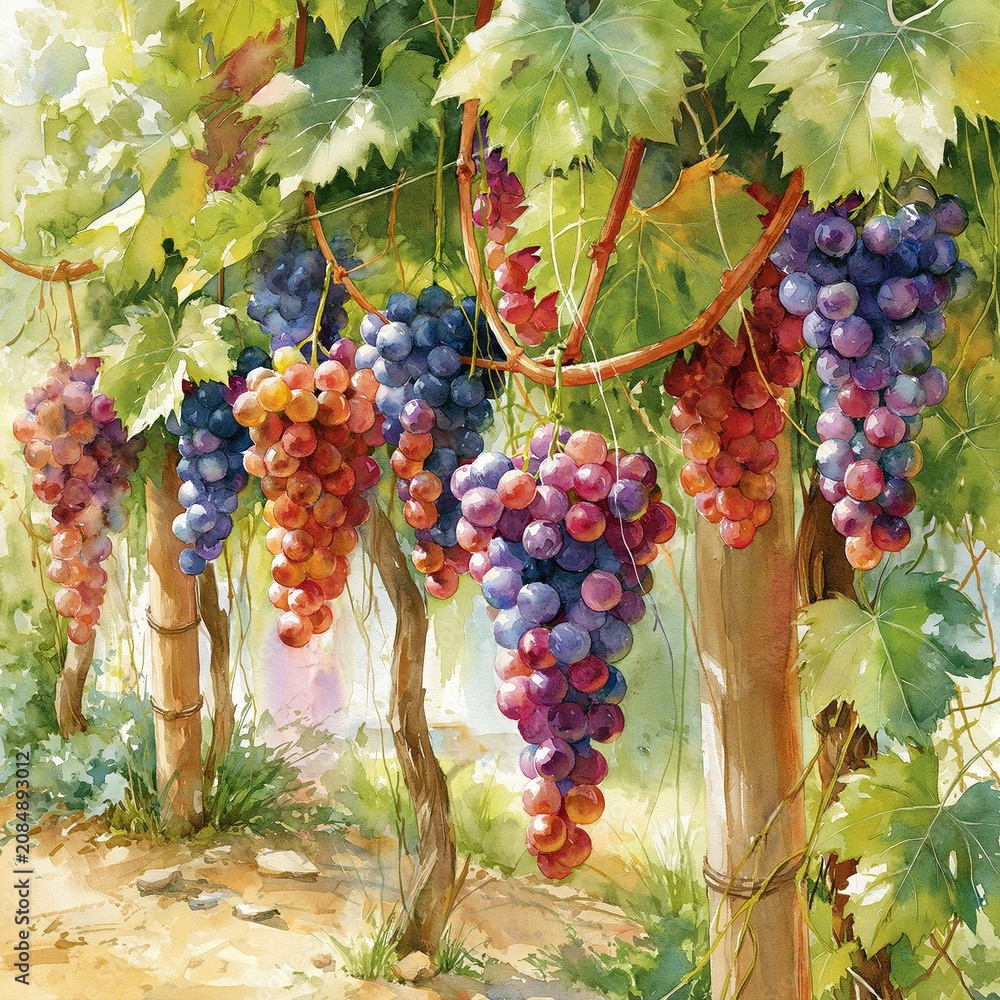 Obraz premium Ripe grapes hanging in a watercolor vineyard. Ripe grapes hanging from lush green vines in a vibrant watercolor illustration