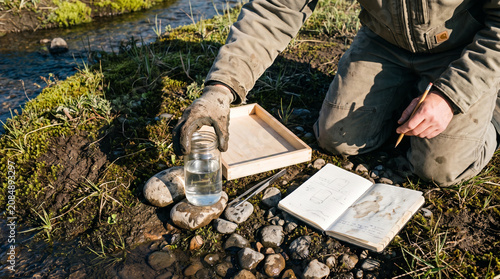 Stream Bank Water Sample Observation With Notebook And Field Tools