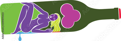 Foto Alcohol Addiction Depression Illustration, Drunk Woman Inside Bottle, Mental Hea