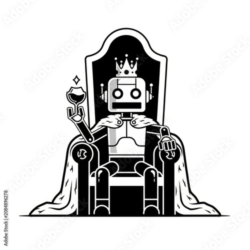 Robot king sitting on throne with crown.