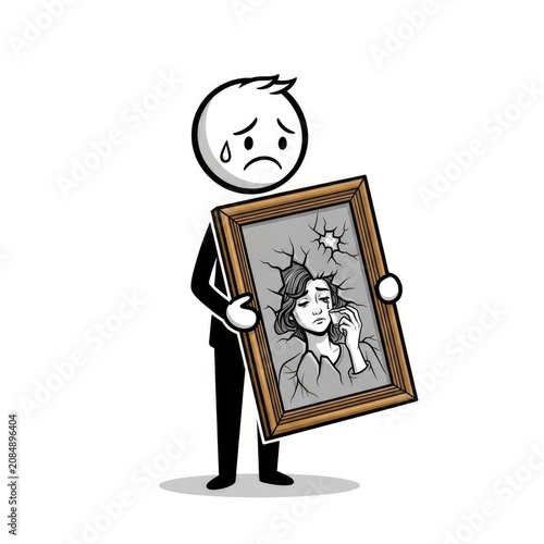 Sad man holding broken artwork frame.