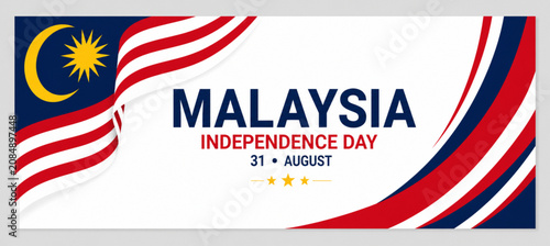 Quadro su tela Malaysia Independence Day Banner with Waving Flag and Red White Blue Ribbon Desi