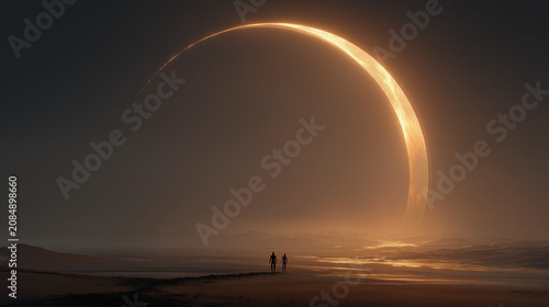 Cosmic Spectacle: Two silhouetted figures stand on a barren landscape, gazing in awe at a luminous solar eclipse creating a ring of fire in the dark sky.