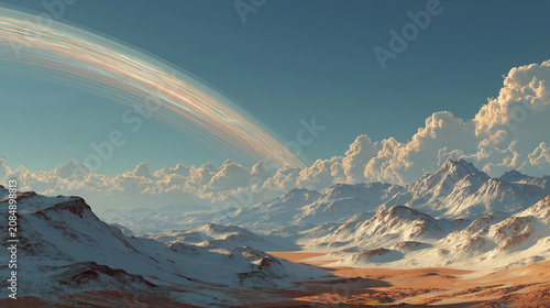 Alien Sky Vista: A breathtaking panoramic view of a mountainous alien landscape under a dramatic sky, featuring a distant ringed planet and billowing clouds.