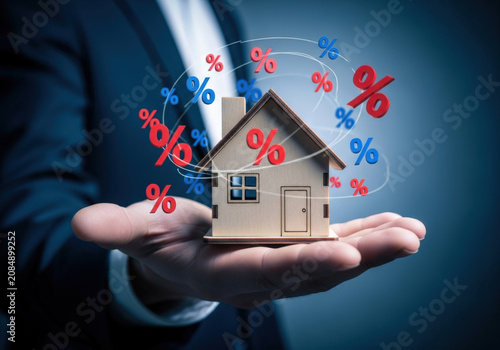 A businessman holds a small wooden house with many percentage symbols floating around it, representing property rates.