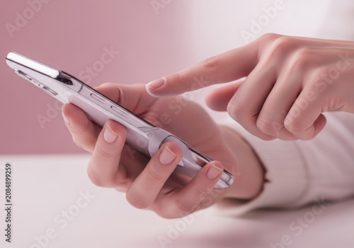 A close up of female hands holding and interacting with a sleek silver smartphone, pointing at its screen on a pink background.