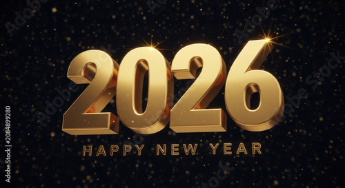 A golden 3d rendering of the year 2026 with happy new year text below, set against a dark, sparkling background, signifying celebration.