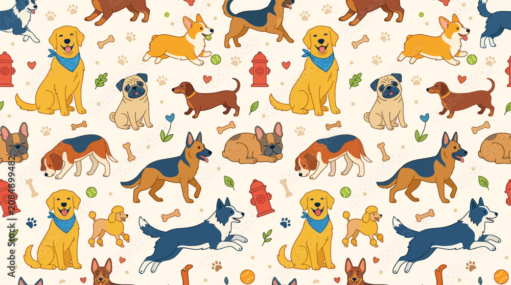 Fototapeta premium Cute Dog Breed Seamless Pattern with Playful Puppies and Colorful Decorative Elements for Design