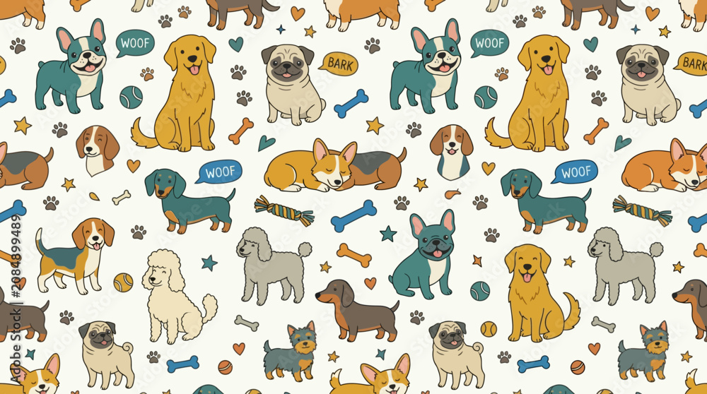 Fototapeta premium Seamless Pattern Background With Many Cute Dog Breeds And Playful Pets In A Hand Drawn Style Art