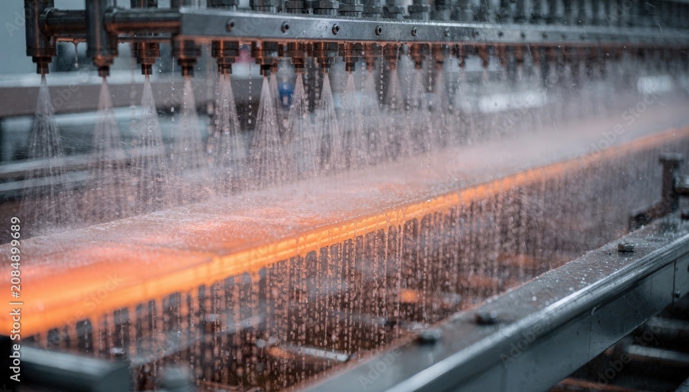 Obraz premium Side view of a hot plastic profile being uniformly cooled by highpressure water sprays highlighting dynamic spray cooling technology in a modern manufacturing line.