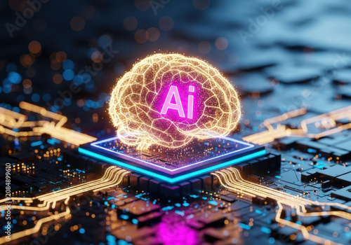 Artificial intelligence digital brain glowing network circuit board connection processing data information computing concept abstract illustration.