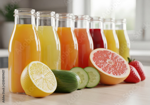 Assorted fresh fruit vegetable juice bottles lined up on rustic wooden table with slices of lemon cucumber grapefruit and strawberries near set.