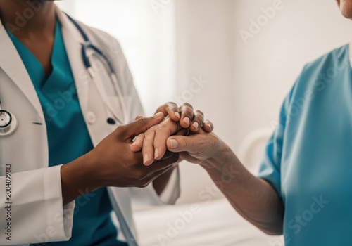 Caring female doctor provides comfort and support to a senior patient by gently holding her hands, medical professional showing empathy and care in a hospital or clinic setting.