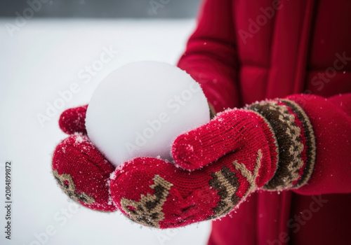 Child in red coat and mittens holding perfect round snowball, hands covered in warm gloves with intricate patterns in winter park.